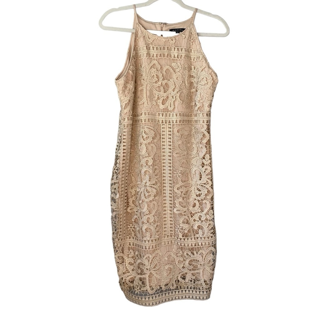 Marina Metallic Champagne Crochet Lace
Overlay Halter Dress. EUC Size 8